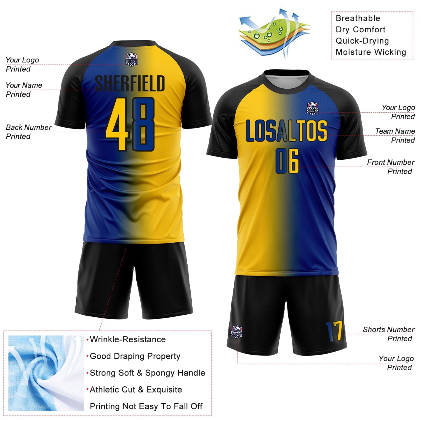 Custom Royal Yellow-Black Sublimation Gradient Fashion Soccer Uniform Jersey - Sky-Custom