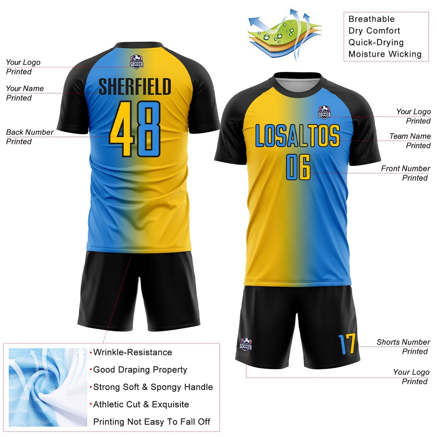 Custom Powder Blue Yellow-Black Sublimation Gradient Fashion Soccer Uniform Jersey - Sky-Custom