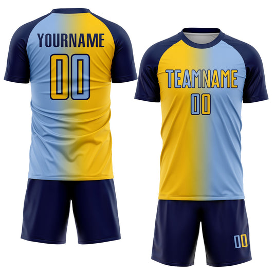 Custom Light Blue Yellow-Navy Sublimation Gradient Fashion Soccer Uniform Jersey - Sky-Custom