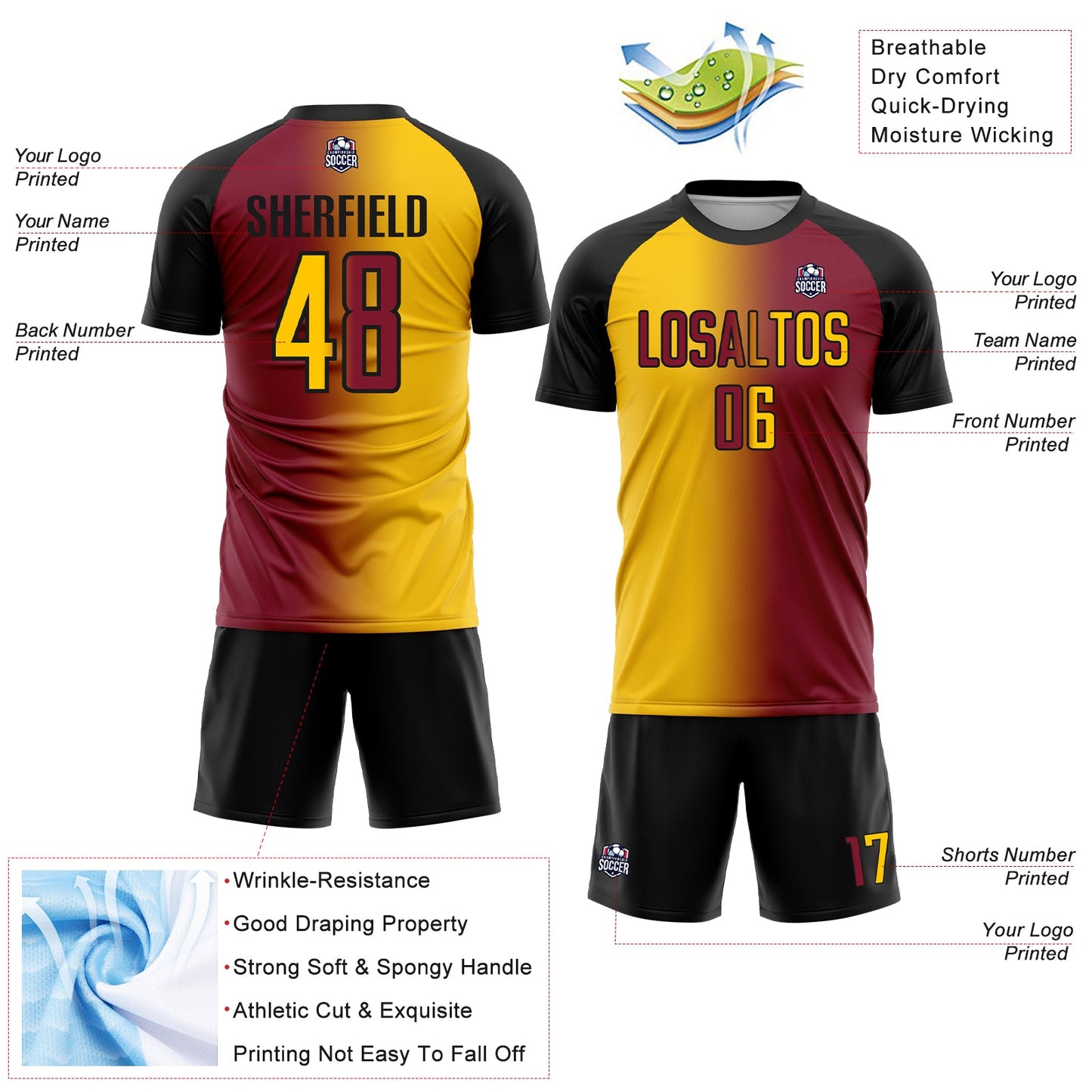Custom Crimson Yellow-Black Sublimation Gradient Fashion Soccer Uniform Jersey - Sky-Custom