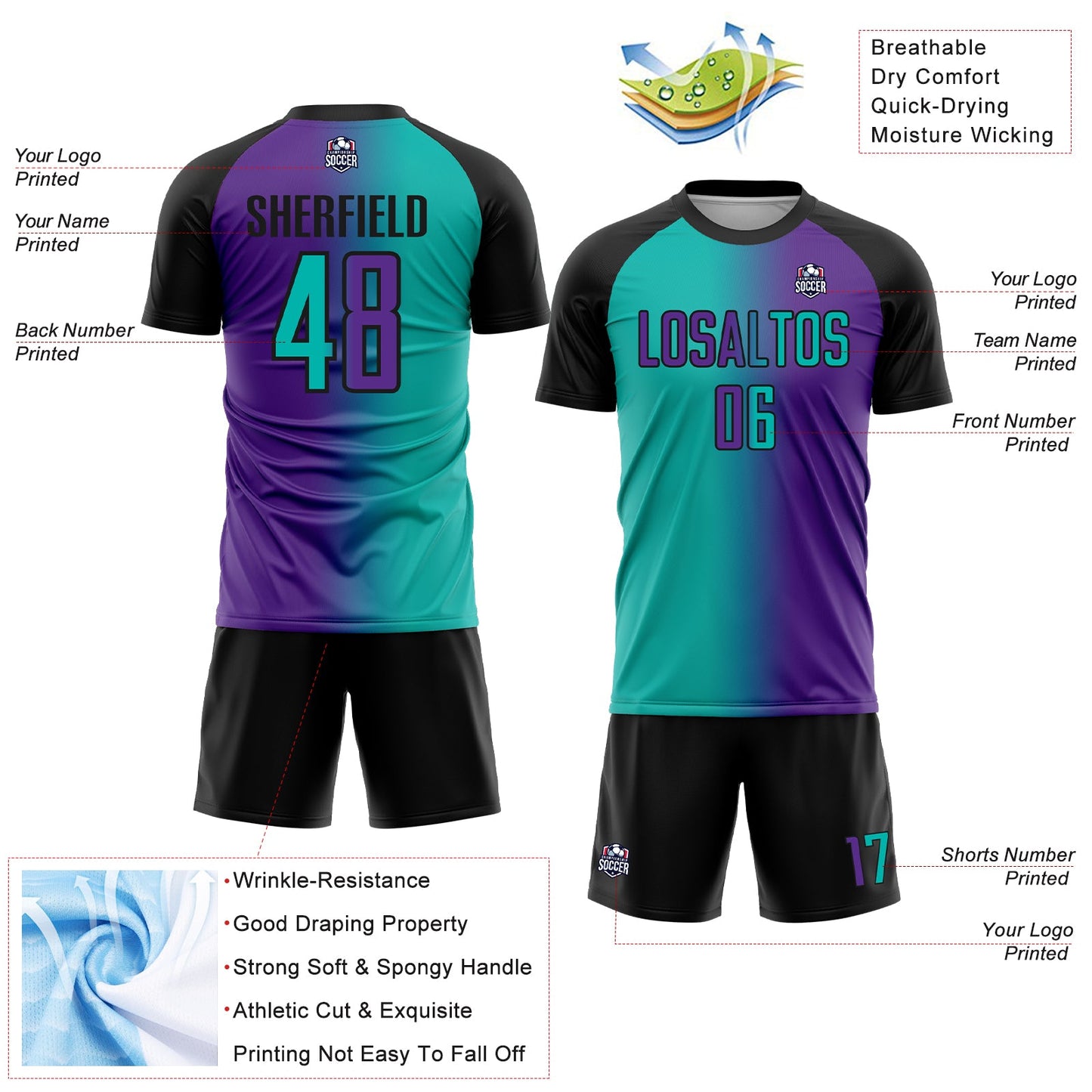 Custom Purple Aqua-Black Sublimation Gradient Fashion Soccer Uniform Jersey - Sky-Custom