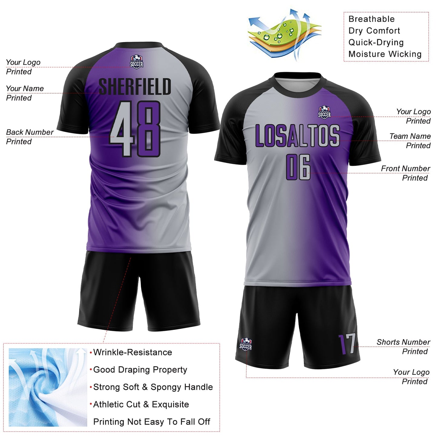 Custom Purple Gray-Black Sublimation Gradient Fashion Soccer Uniform Jersey - Sky-Custom