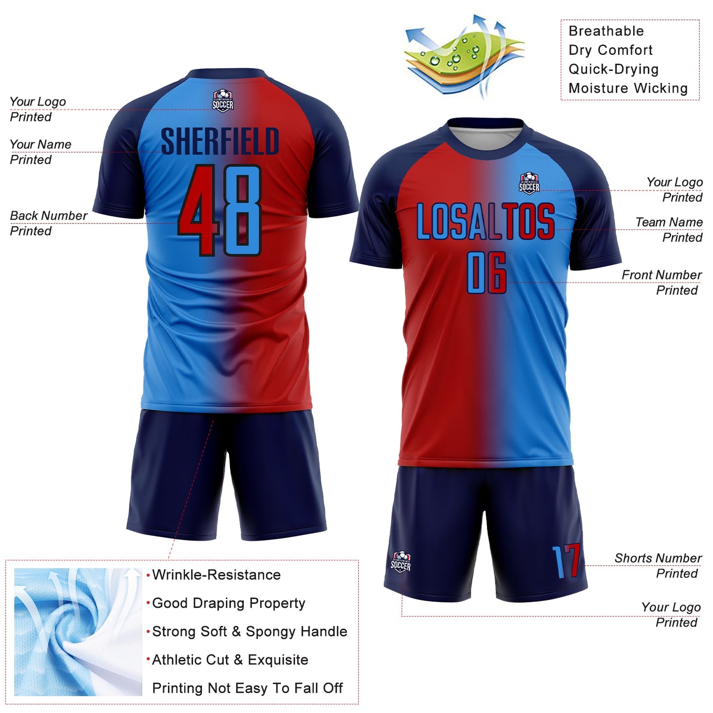 Custom Powder Blue Red-Navy Sublimation Gradient Fashion Soccer Uniform Jersey - Sky-Custom