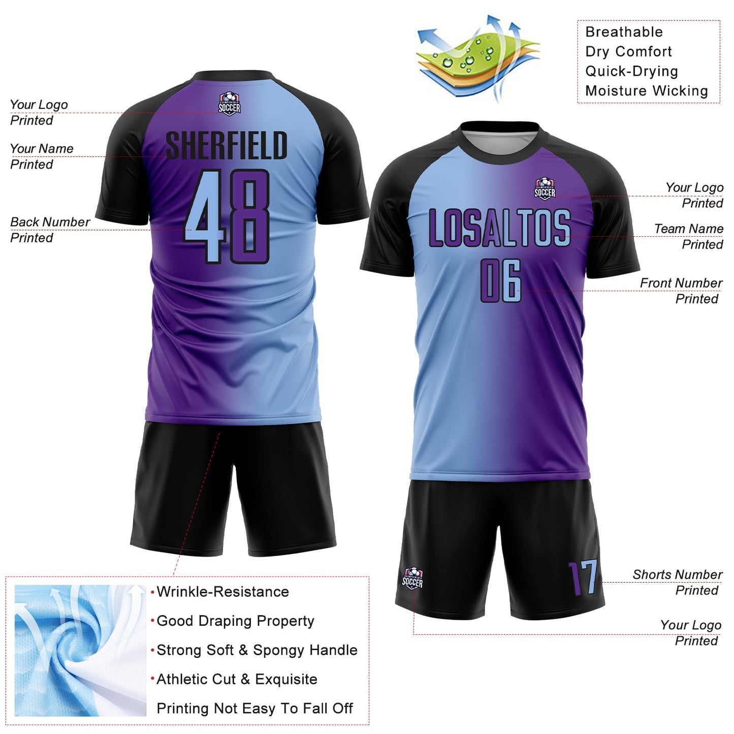 Custom Purple Light Blue-Black Sublimation Gradient Fashion Soccer Uniform Jersey - Sky-Custom