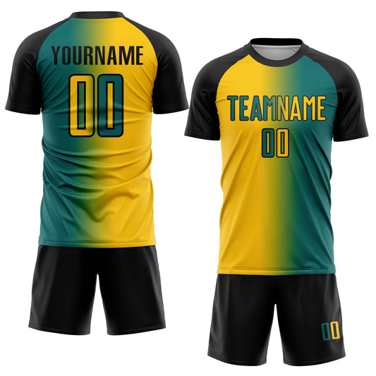 Custom Teal Yellow-Black Sublimation Gradient Fashion Soccer Uniform Jersey - Sky-Custom