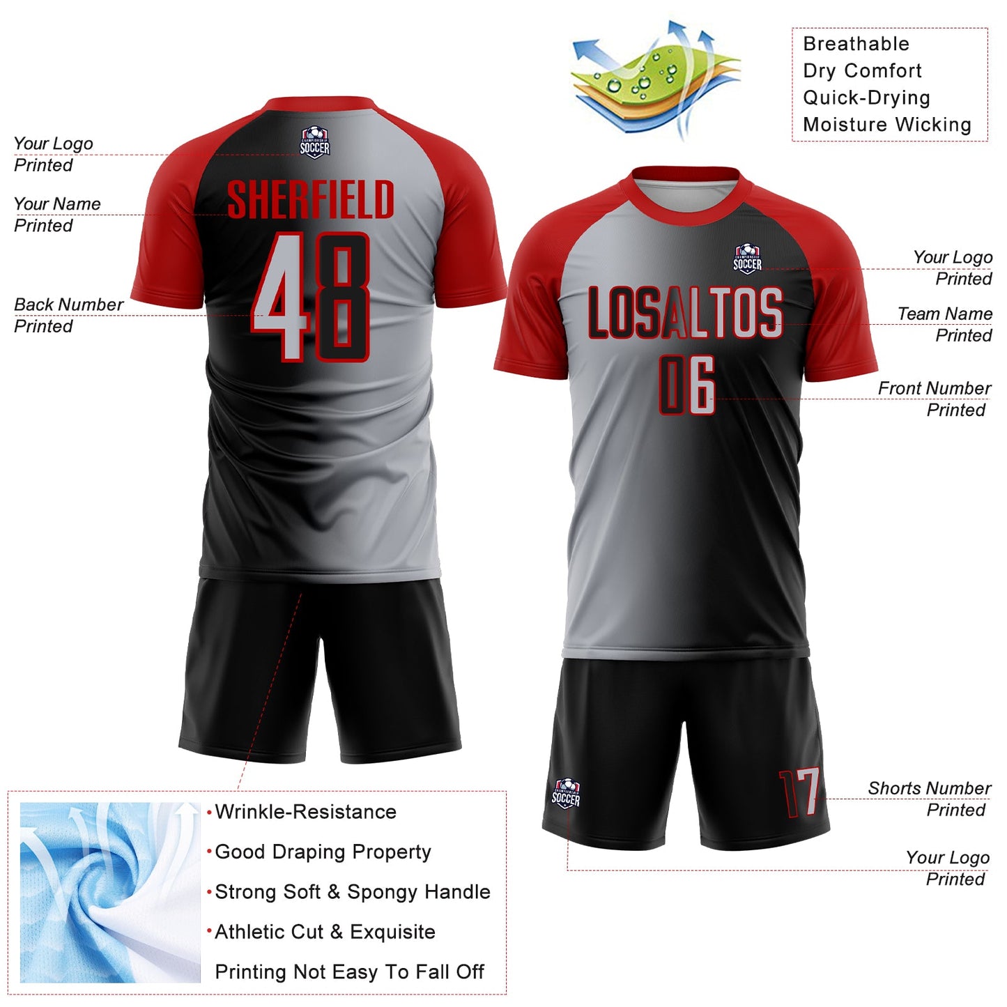 Custom Black Gray-Red Sublimation Gradient Fashion Soccer Uniform Jersey - Sky-Custom