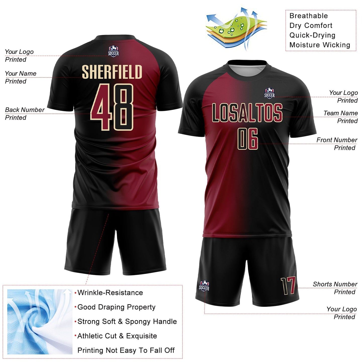 Custom Black Crimson-Cream Sublimation Gradient Fashion Soccer Uniform Jersey - Sky-Custom
