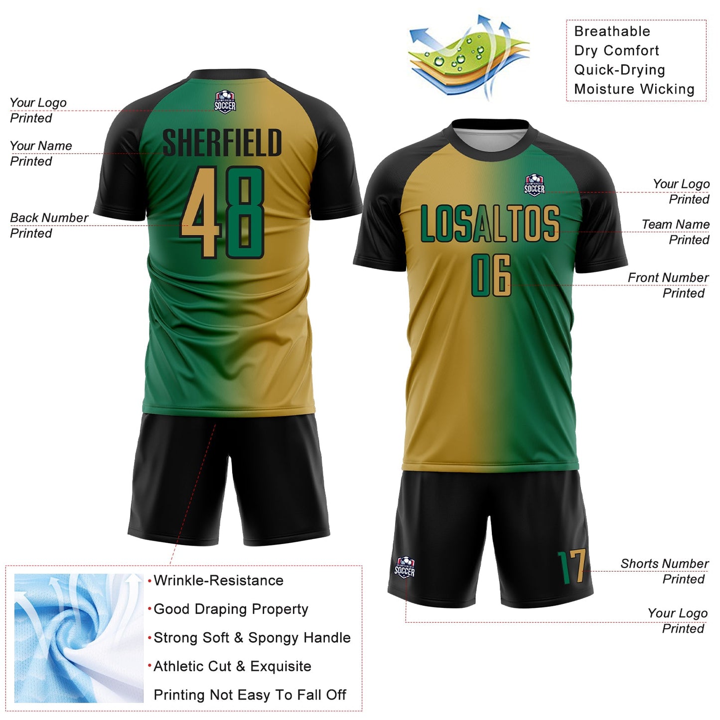 Custom Kelly Green Old Gold-Black Sublimation Gradient Fashion Soccer Uniform Jersey - Sky-Custom