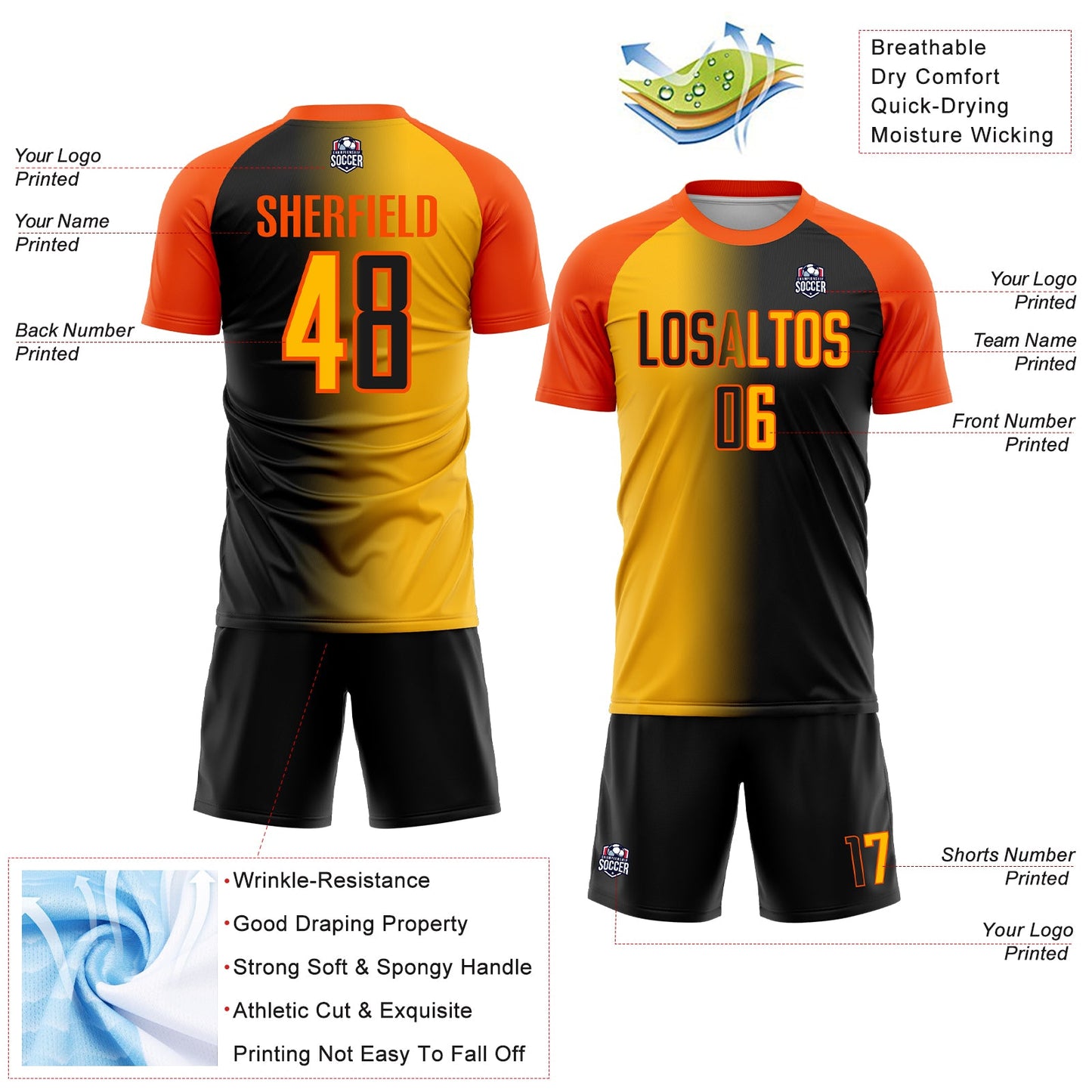 Custom Black Gold-Orange Sublimation Gradient Fashion Soccer Uniform Jersey - Sky-Custom