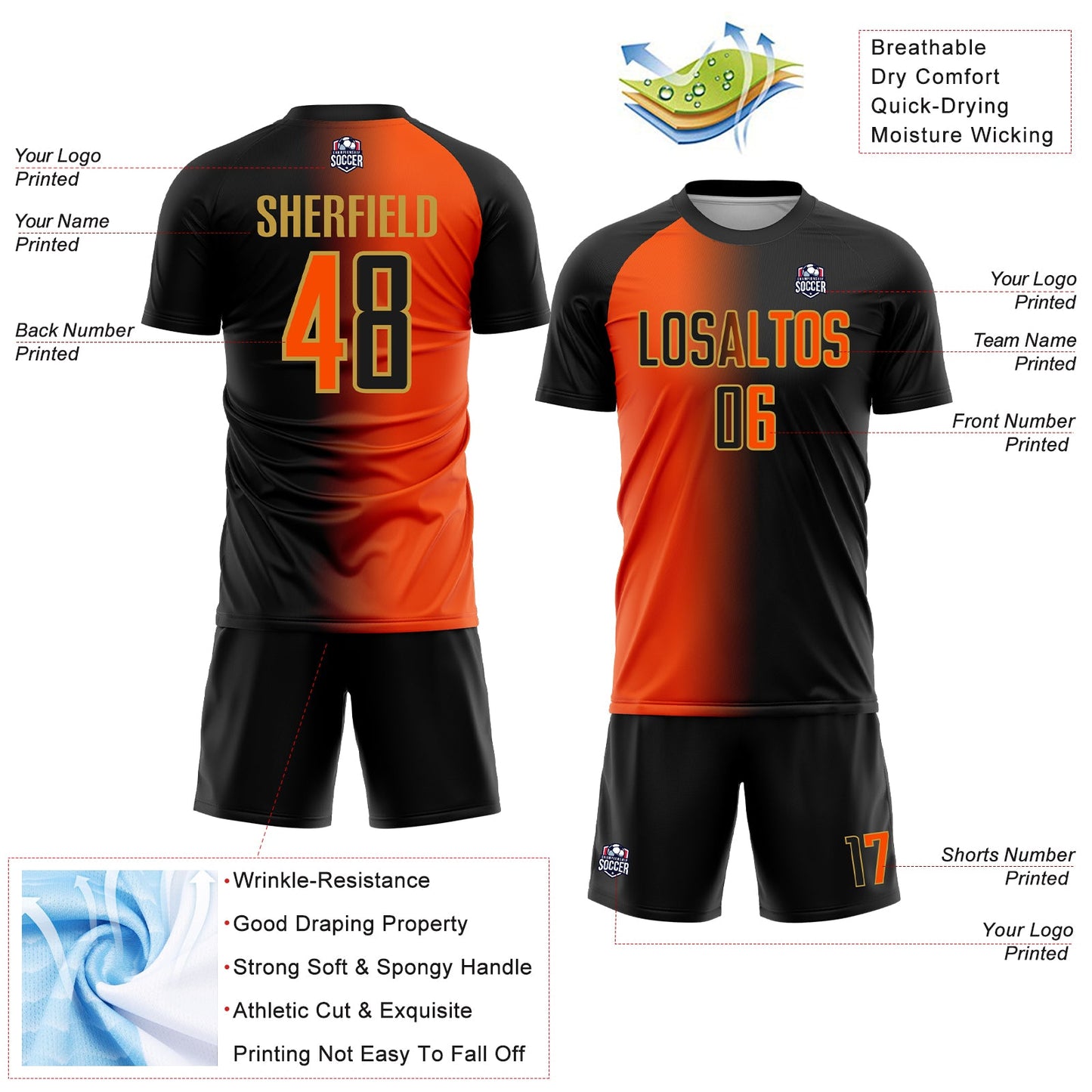 Custom Black Orange-Old Gold Sublimation Gradient Fashion Soccer Uniform Jersey - Sky-Custom