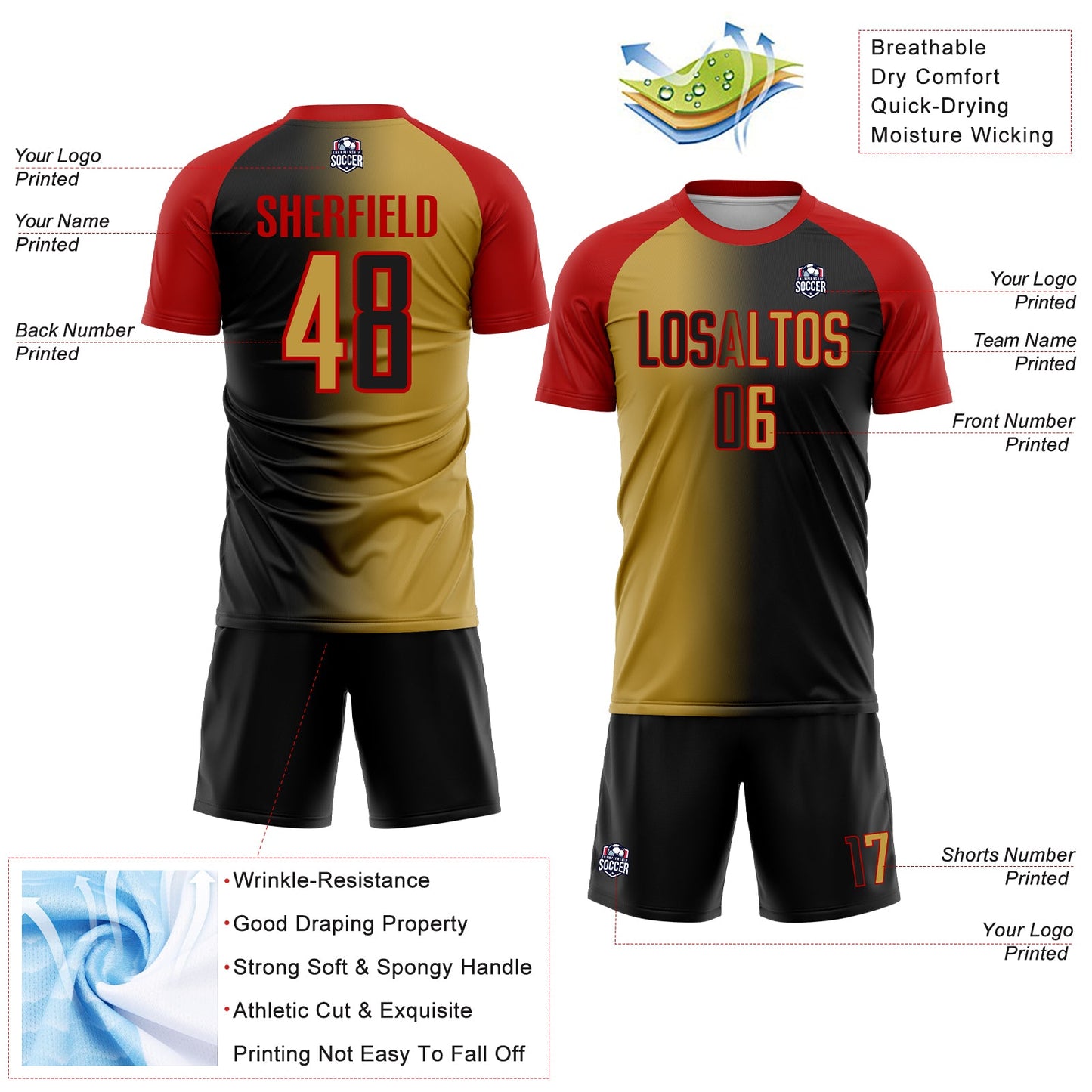 Custom Black Old Gold-Red Sublimation Gradient Fashion Soccer Uniform Jersey - Sky-Custom