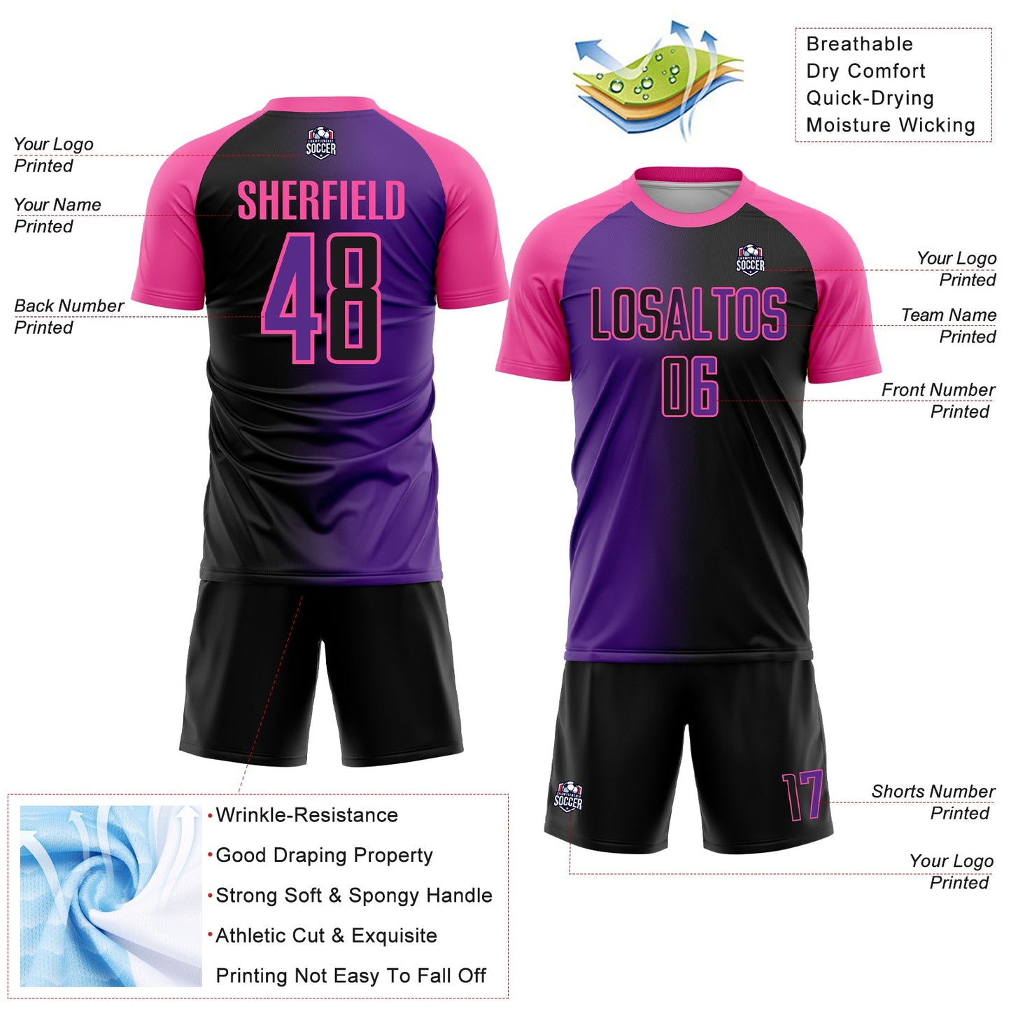 Custom Black Purple-Pink Sublimation Gradient Fashion Soccer Uniform Jersey - Sky-Custom