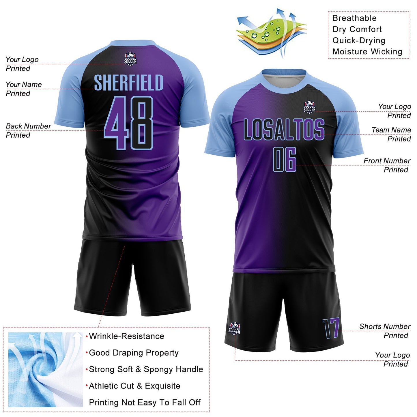 Custom Black Purple-Light Blue Sublimation Gradient Fashion Soccer Uniform Jersey - Sky-Custom