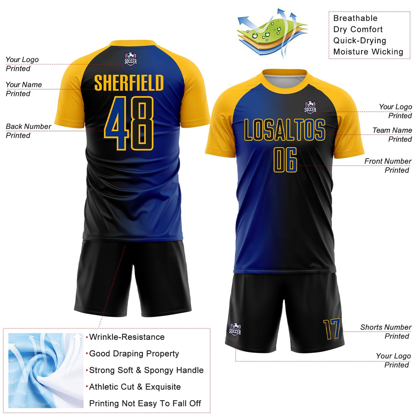 Custom Black Royal-Gold Sublimation Gradient Fashion Soccer Uniform Jersey - Sky-Custom