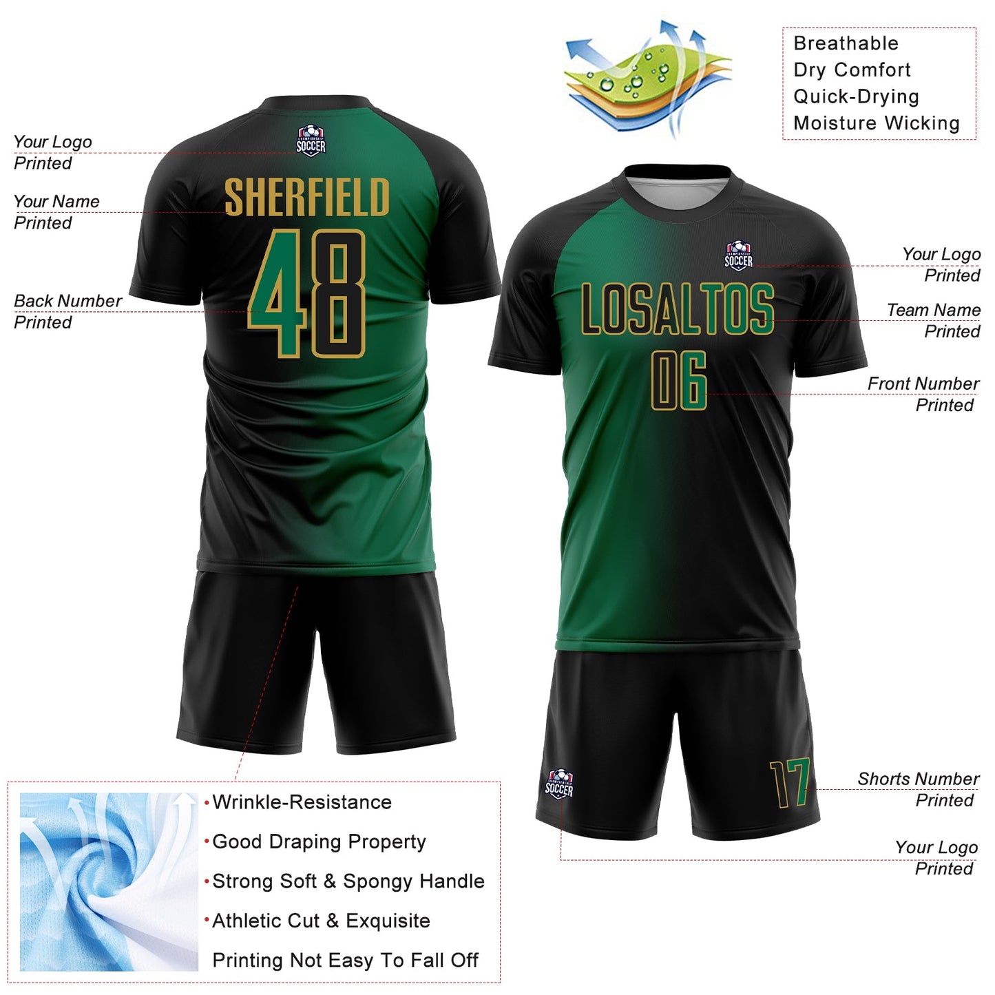 Custom Black Kelly Green-Old Gold Sublimation Gradient Fashion Soccer Uniform Jersey - Sky-Custom
