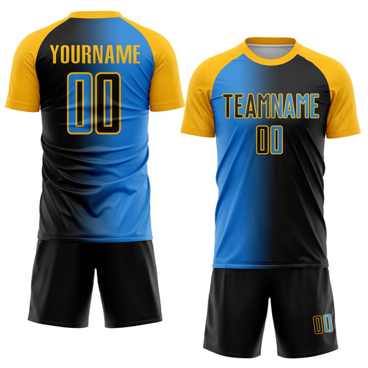 Custom Black Powder Blue-Gold Sublimation Gradient Fashion Soccer Uniform Jersey - Sky-Custom