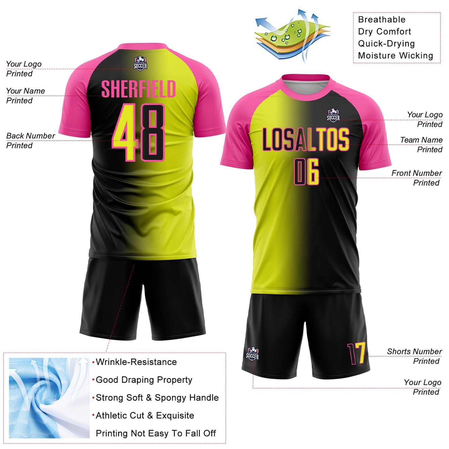 Custom Black Neon Yellow-Pink Sublimation Gradient Fashion Soccer Uniform Jersey - Sky-Custom