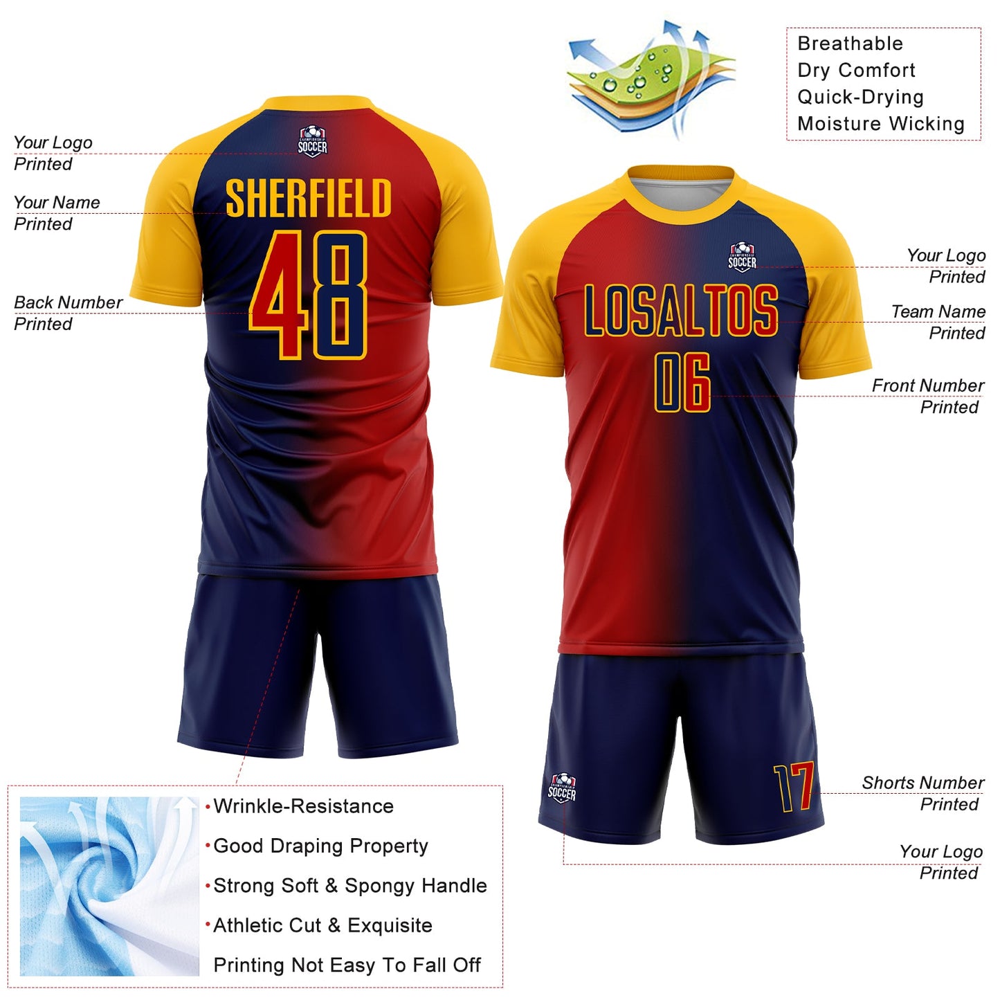 Custom Navy Red-Gold Sublimation Gradient Fashion Soccer Uniform Jersey - Sky-Custom