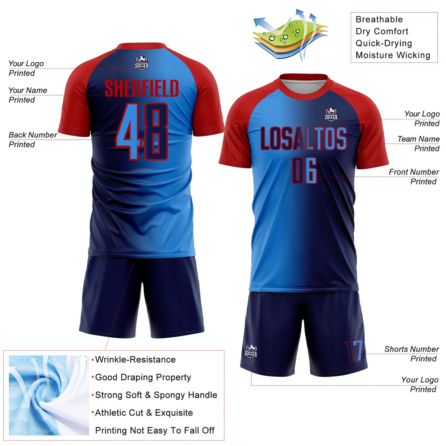 Custom Navy Powder Blue-Red Sublimation Gradient Fashion Soccer Uniform Jersey - Sky-Custom