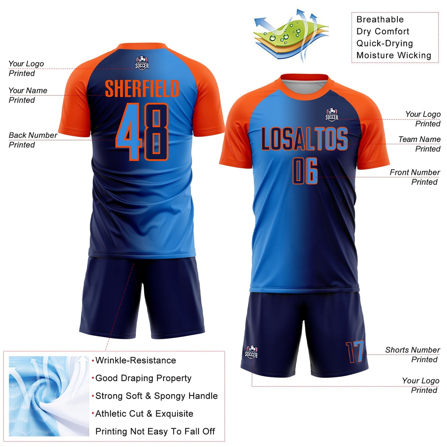 Custom Navy Powder Blue-Orange Sublimation Gradient Fashion Soccer Uniform Jersey - Sky-Custom