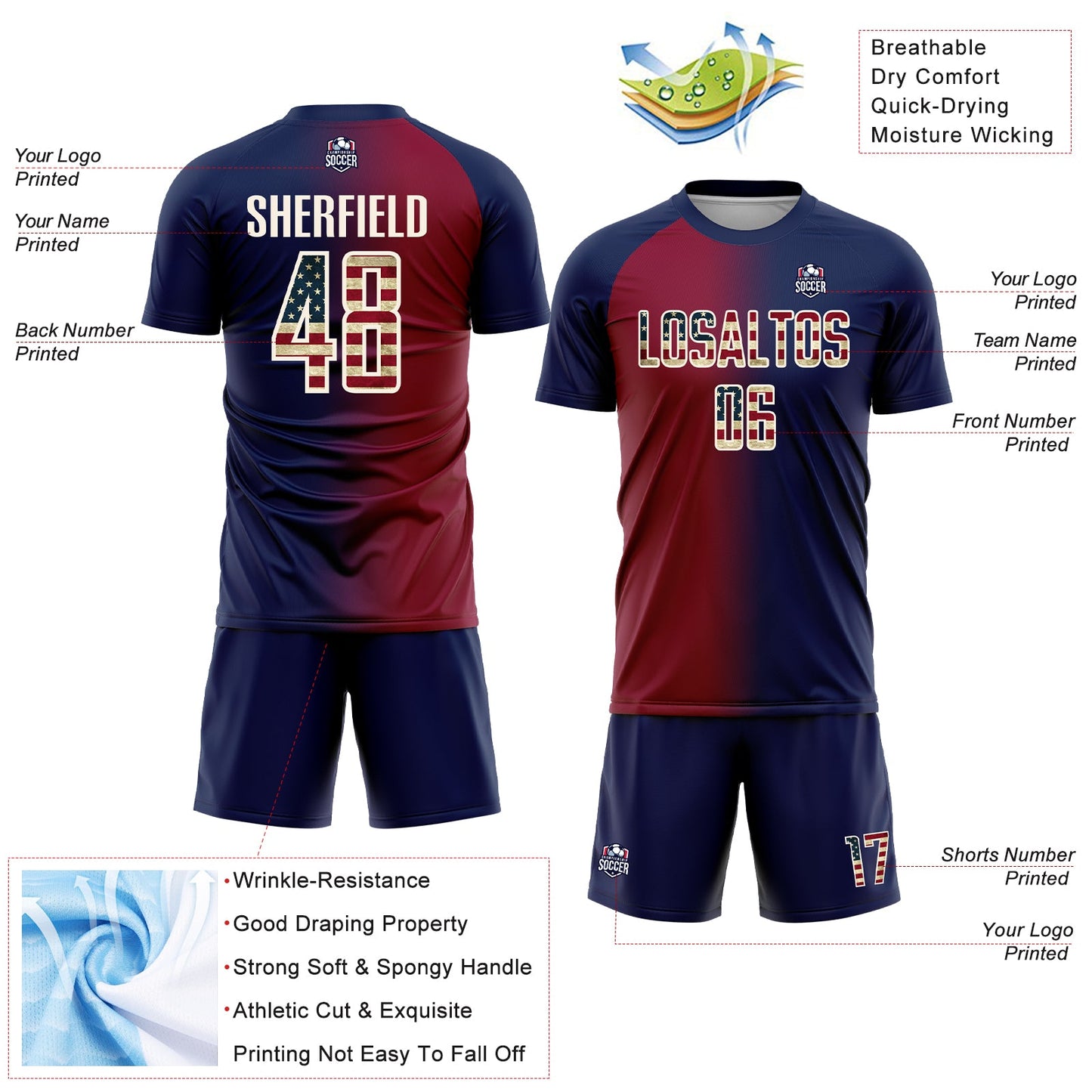 Custom Navy Vintage USA Flag Maroon-Cream Sublimation Gradient Fashion Soccer Uniform Jersey - Sky-Custom