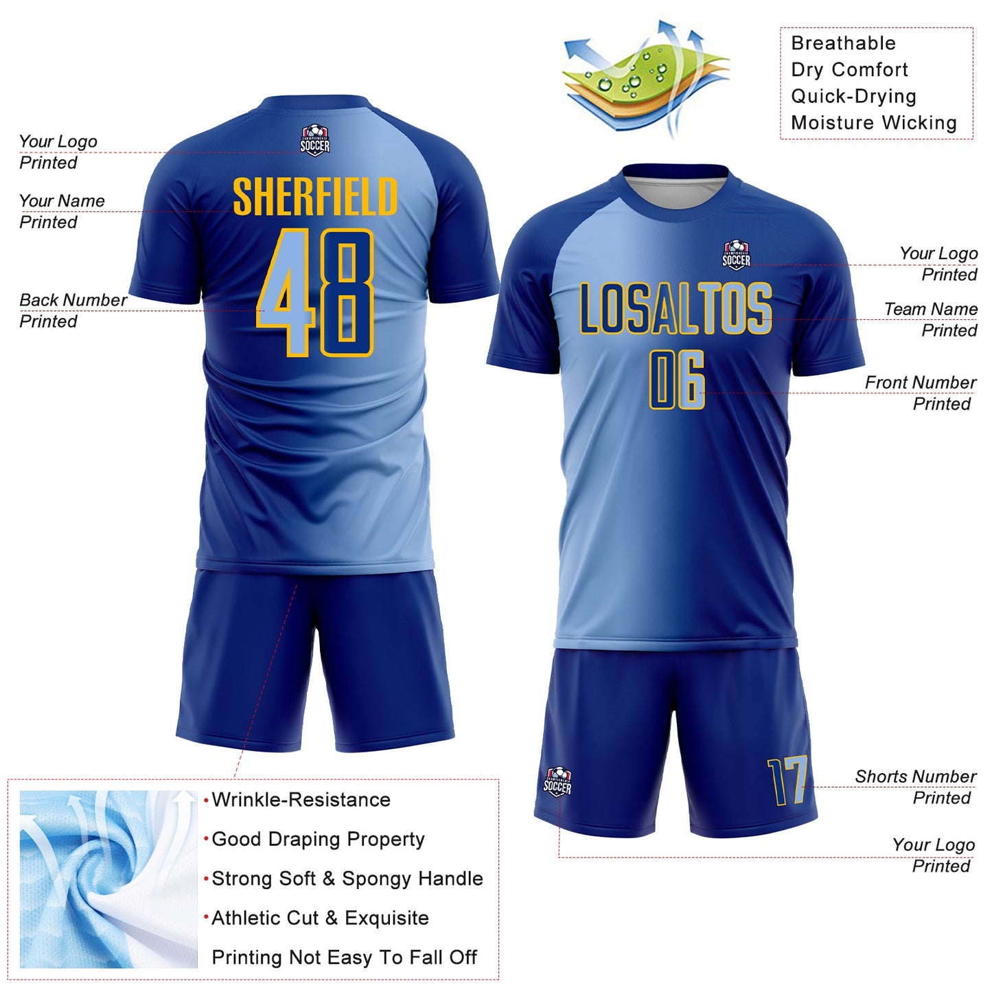 Custom Royal Light Blue-Gold Sublimation Gradient Fashion Soccer Uniform Jersey - Sky-Custom