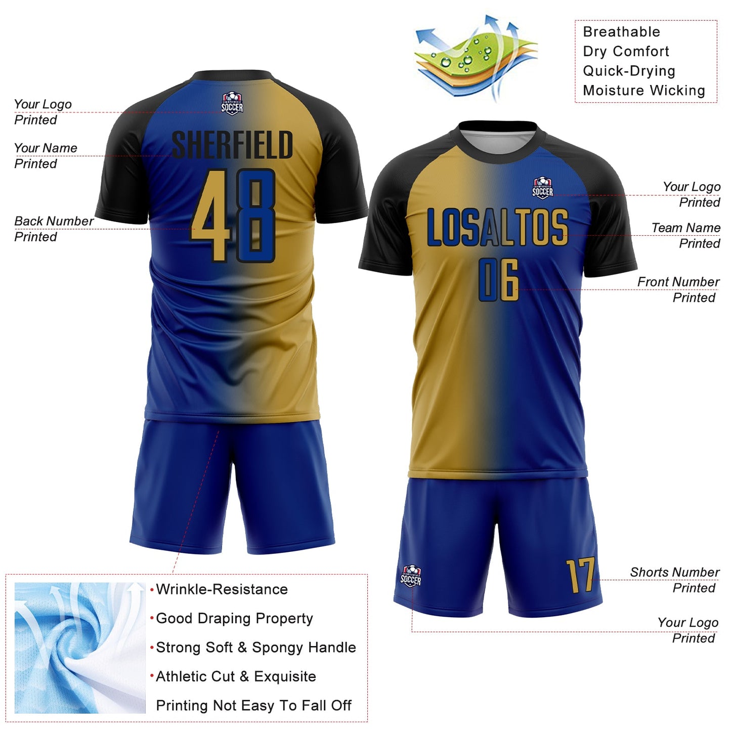 Custom Royal Old Gold-Black Sublimation Gradient Fashion Soccer Uniform Jersey - Sky-Custom