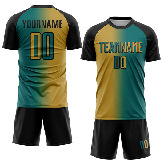 Custom Teal Old Gold-Black Sublimation Gradient Fashion Soccer Uniform Jersey - Sky-Custom