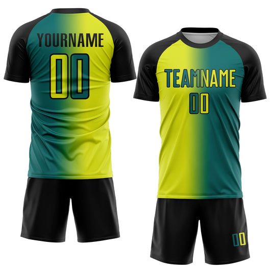 Custom Teal Neon Yellow-Black Sublimation Gradient Fashion Soccer Uniform Jersey - Sky-Custom