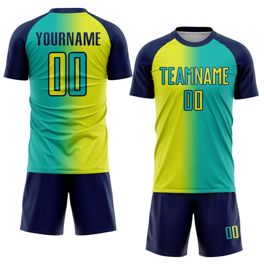 Custom Aqua Neon Yellow-Navy Sublimation Gradient Fashion Soccer Uniform Jersey - Sky-Custom