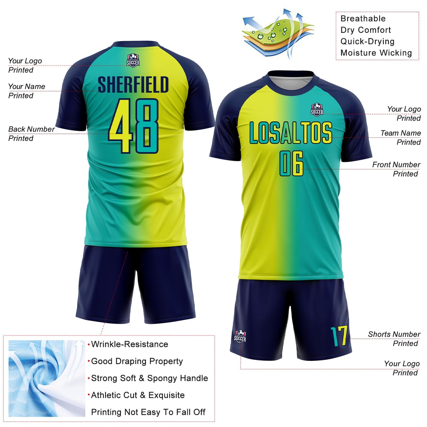 Custom Aqua Neon Yellow-Navy Sublimation Gradient Fashion Soccer Uniform Jersey - Sky-Custom