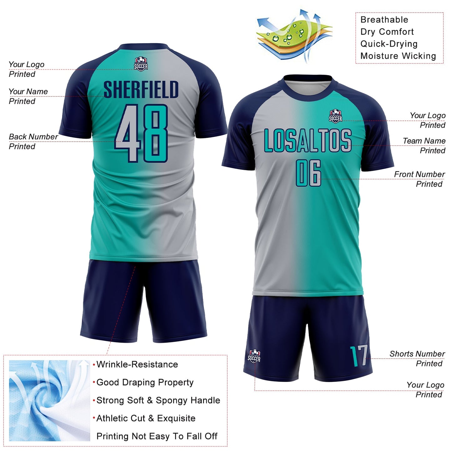 Custom Aqua Gray-Navy Sublimation Gradient Fashion Soccer Uniform Jersey - Sky-Custom