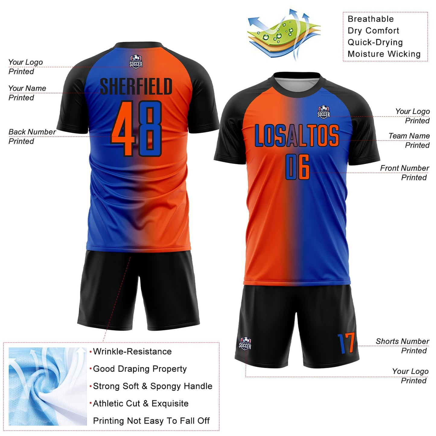 Custom Thunder Blue Orange-Black Sublimation Gradient Fashion Soccer Uniform Jersey - Sky-Custom