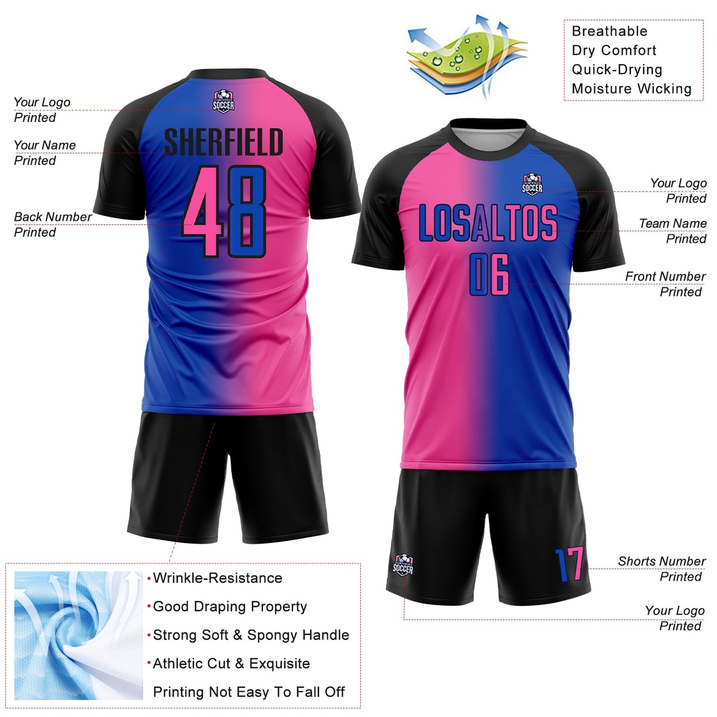 Custom Thunder Blue Pink-Black Sublimation Gradient Fashion Soccer Uniform Jersey - Sky-Custom