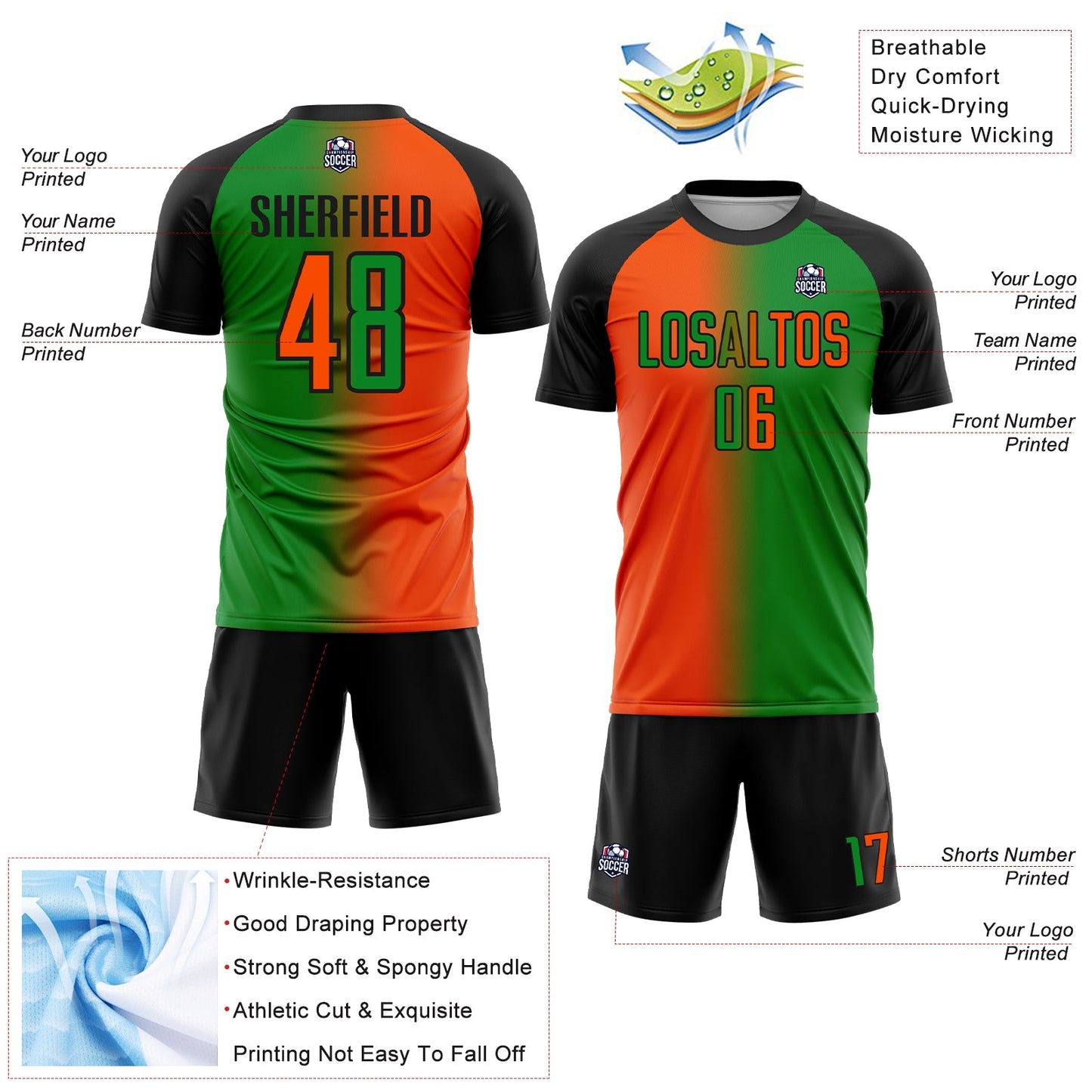 Custom Grass Green Orange-Black Sublimation Gradient Fashion Soccer Uniform Jersey - Sky-Custom