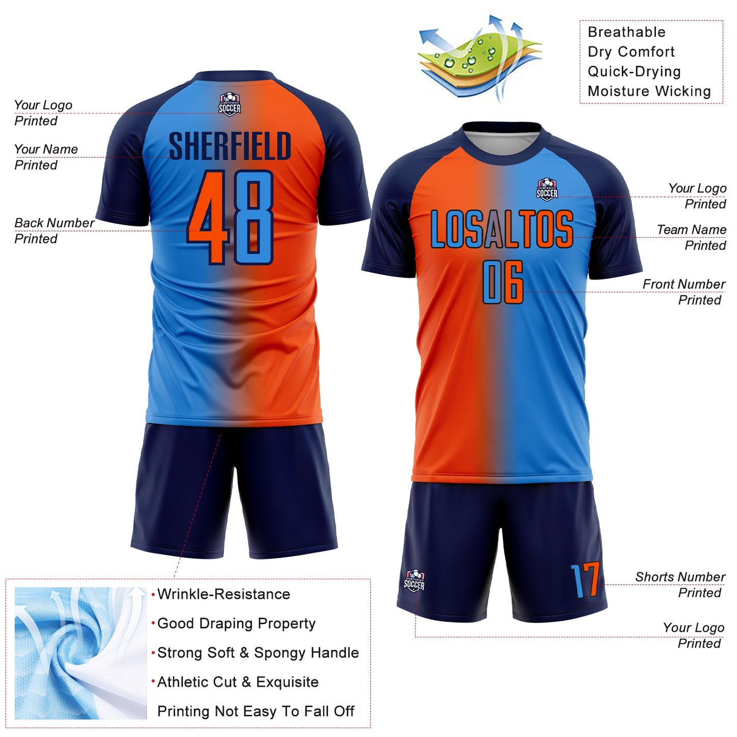 Custom Powder Blue Orange-Navy Sublimation Gradient Fashion Soccer Uniform Jersey - Sky-Custom