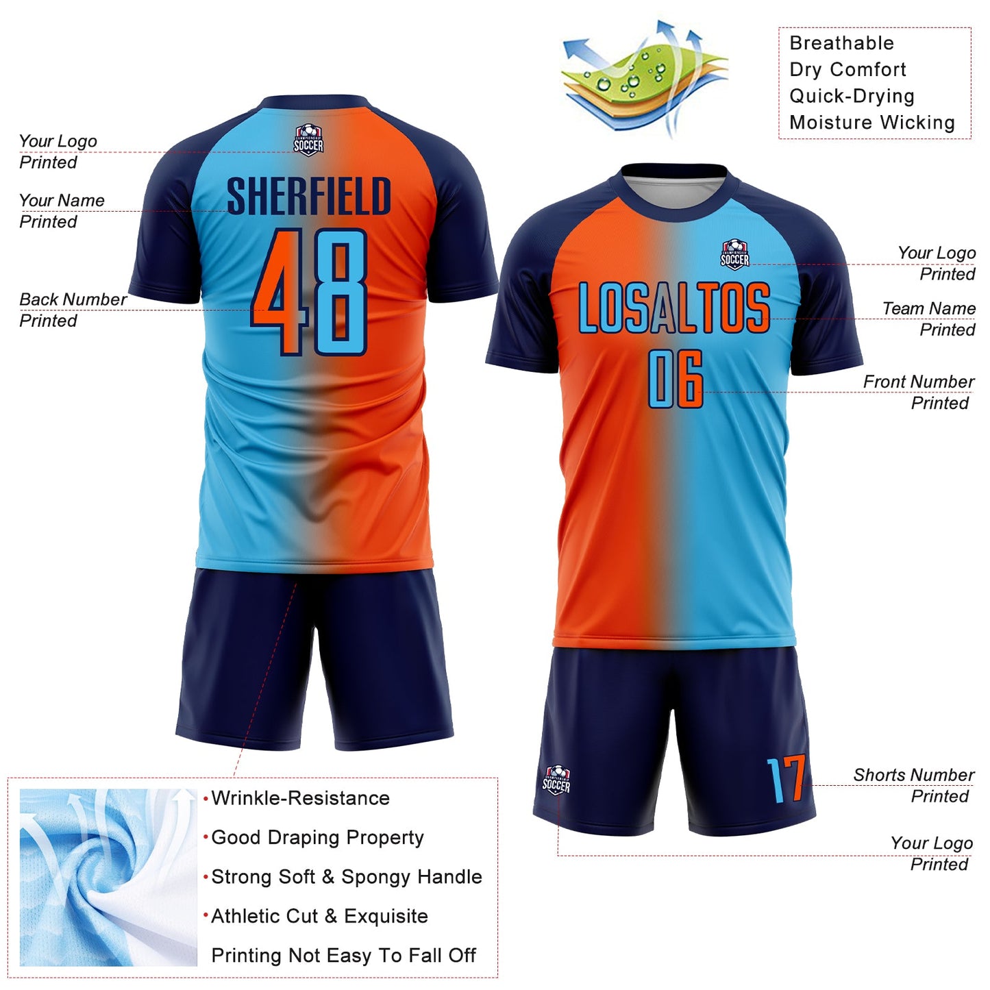 Custom Sky Blue Orange-Navy Sublimation Gradient Fashion Soccer Uniform Jersey - Sky-Custom