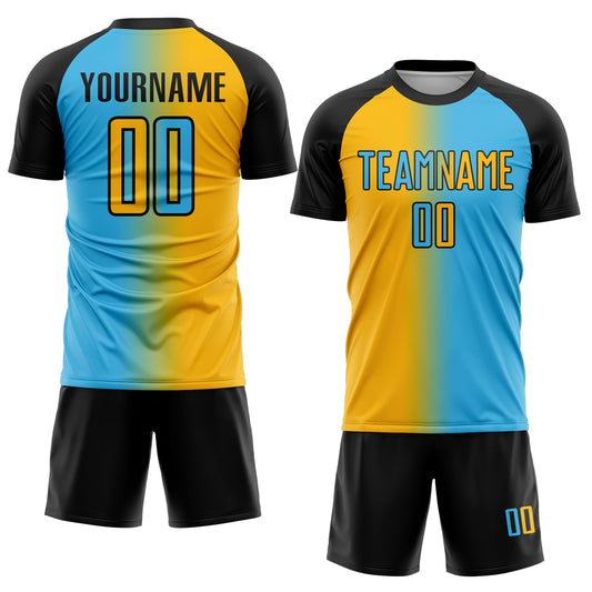Custom Sky Blue Gold-Black Sublimation Gradient Fashion Soccer Uniform Jersey - Sky-Custom