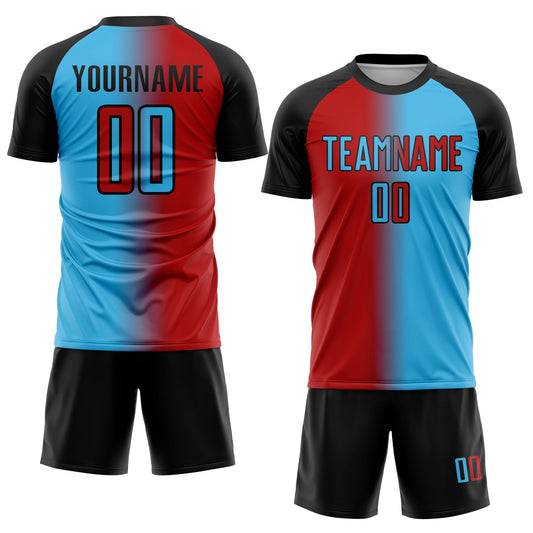 Custom Sky Blue Red-Black Sublimation Gradient Fashion Soccer Uniform Jersey - Sky-Custom