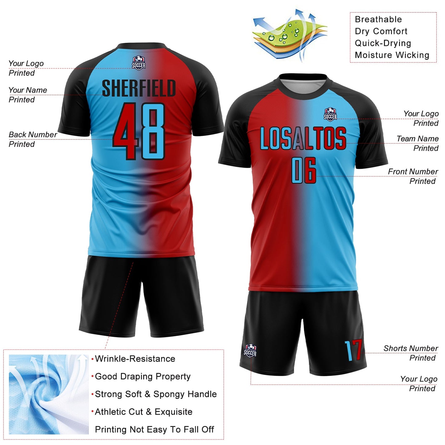 Custom Sky Blue Red-Black Sublimation Gradient Fashion Soccer Uniform Jersey - Sky-Custom