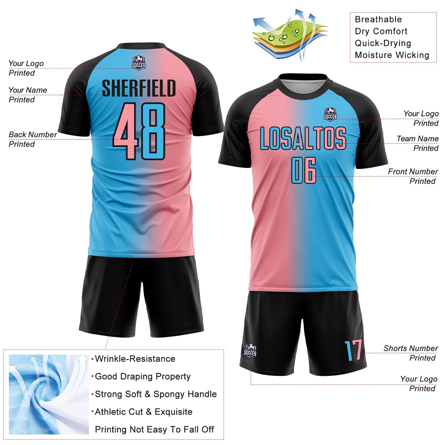 Custom Sky Blue Medium Pink-Black Sublimation Gradient Fashion Soccer Uniform Jersey - Sky-Custom