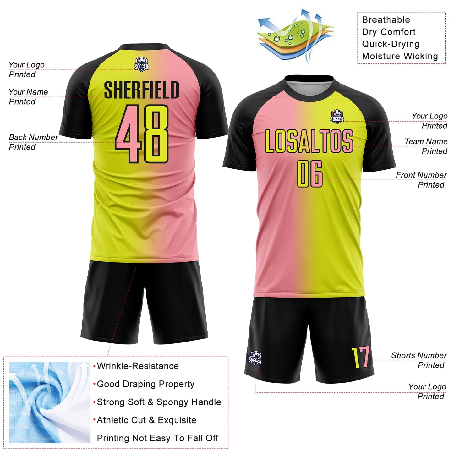 Custom Neon Yellow Medium Pink-Black Sublimation Gradient Fashion Soccer Uniform Jersey - Sky-Custom