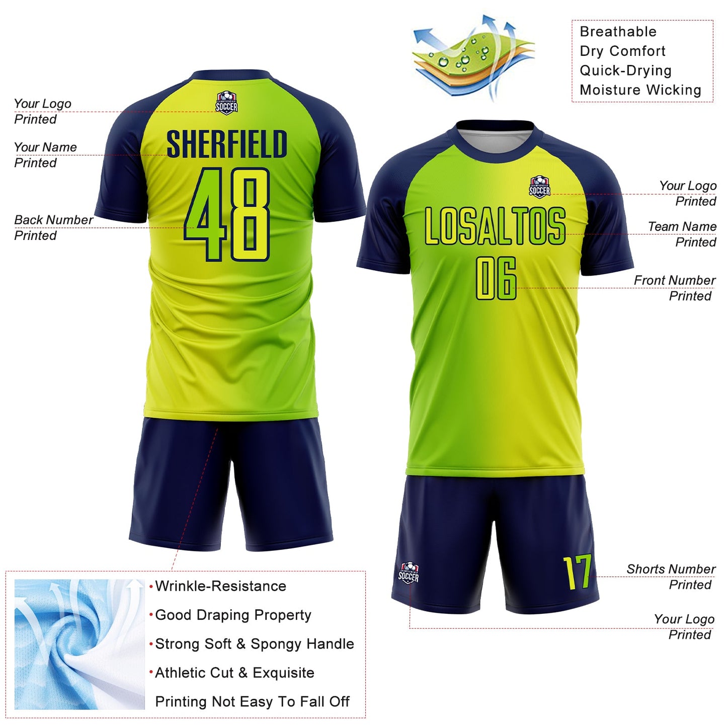 Custom Neon Yellow Neon Green-Navy Sublimation Gradient Fashion Soccer Uniform Jersey - Sky-Custom