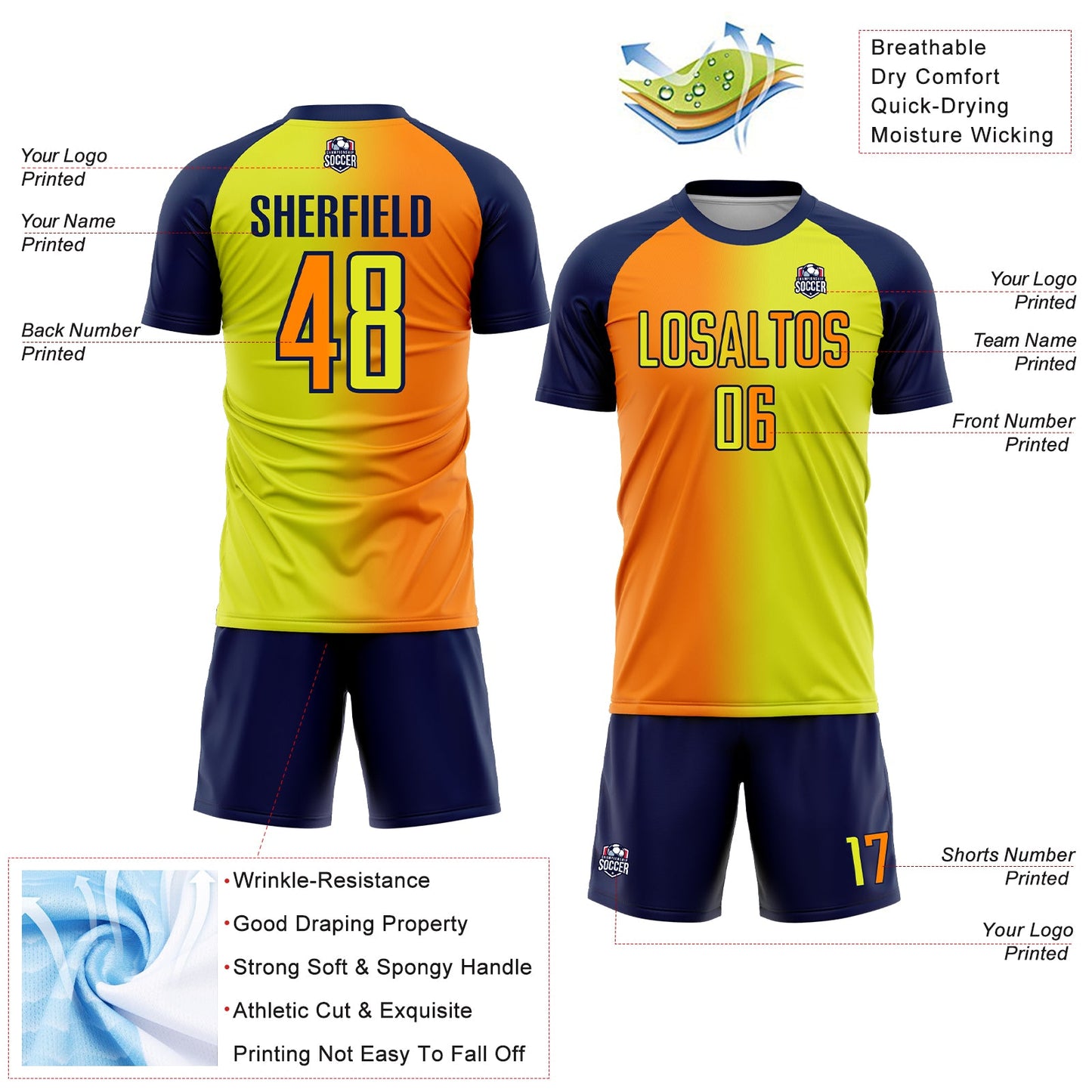 Custom Neon Yellow Bay Orange-Navy Sublimation Gradient Fashion Soccer Uniform Jersey - Sky-Custom
