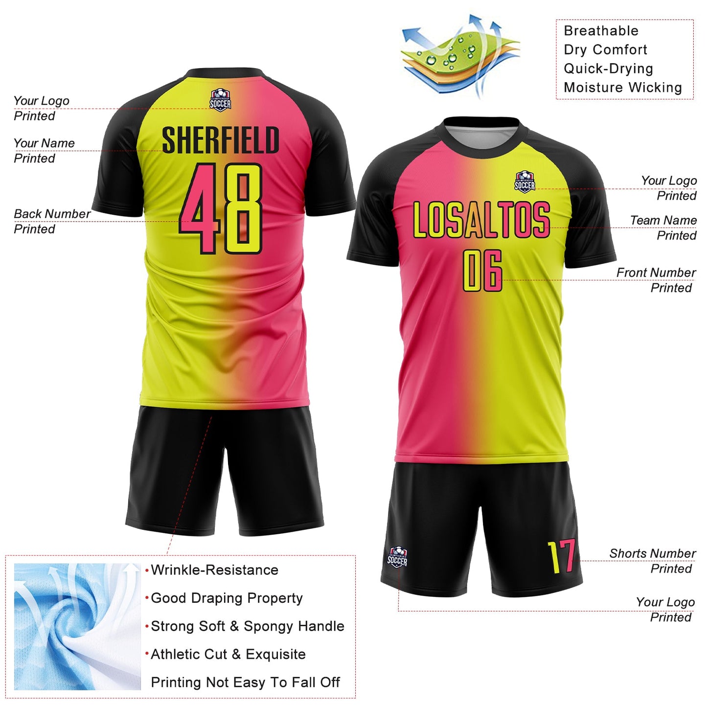 Custom Neon Yellow Neon Pink-Black Sublimation Gradient Fashion Soccer Uniform Jersey - Sky-Custom