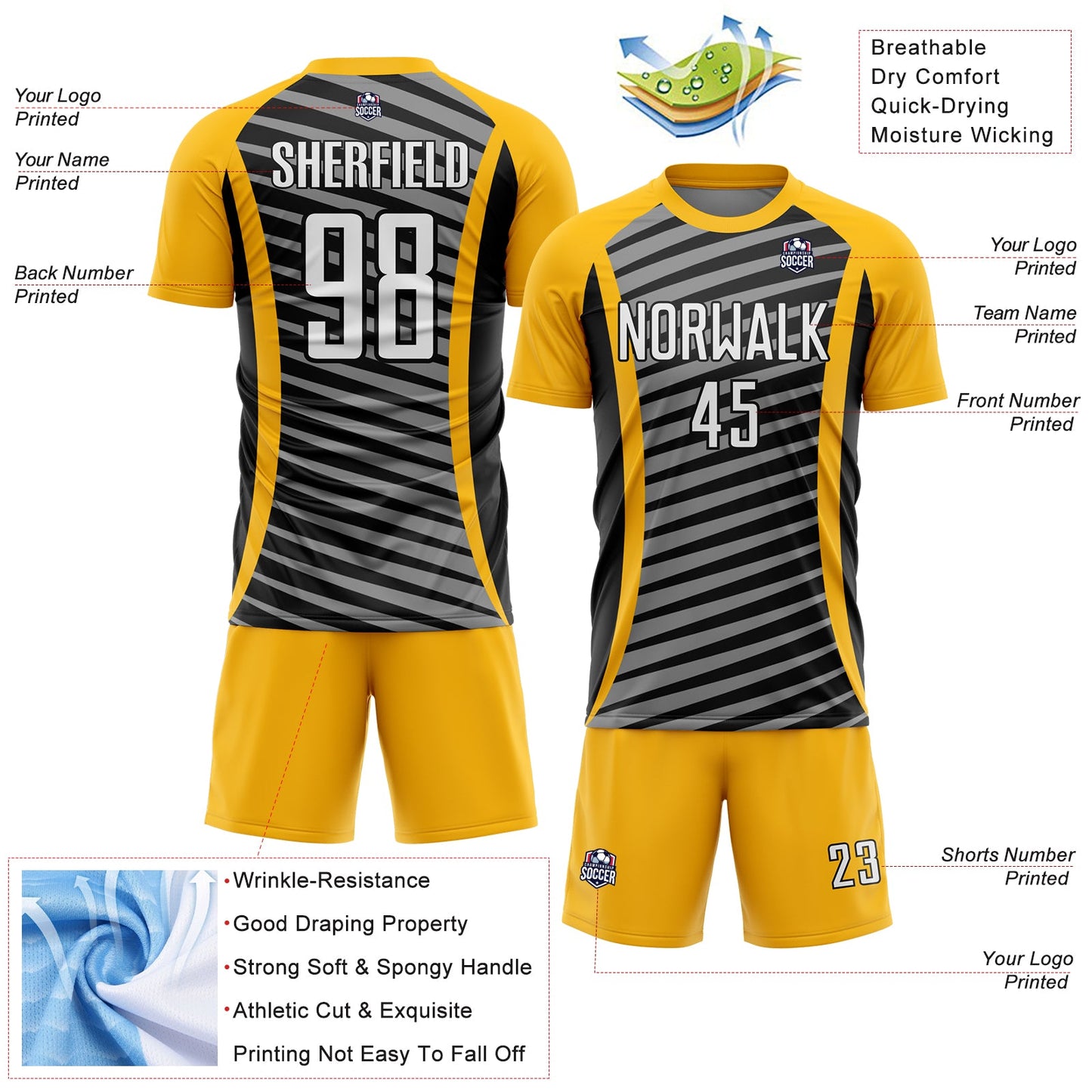 Custom Gold White-Black Stripe Line Sublimation Soccer Uniform Jersey - Sky-Custom
