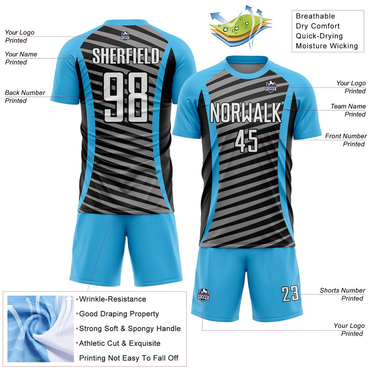 Custom Sky Blue White-Black Stripe Line Sublimation Soccer Uniform Jersey - Sky-Custom