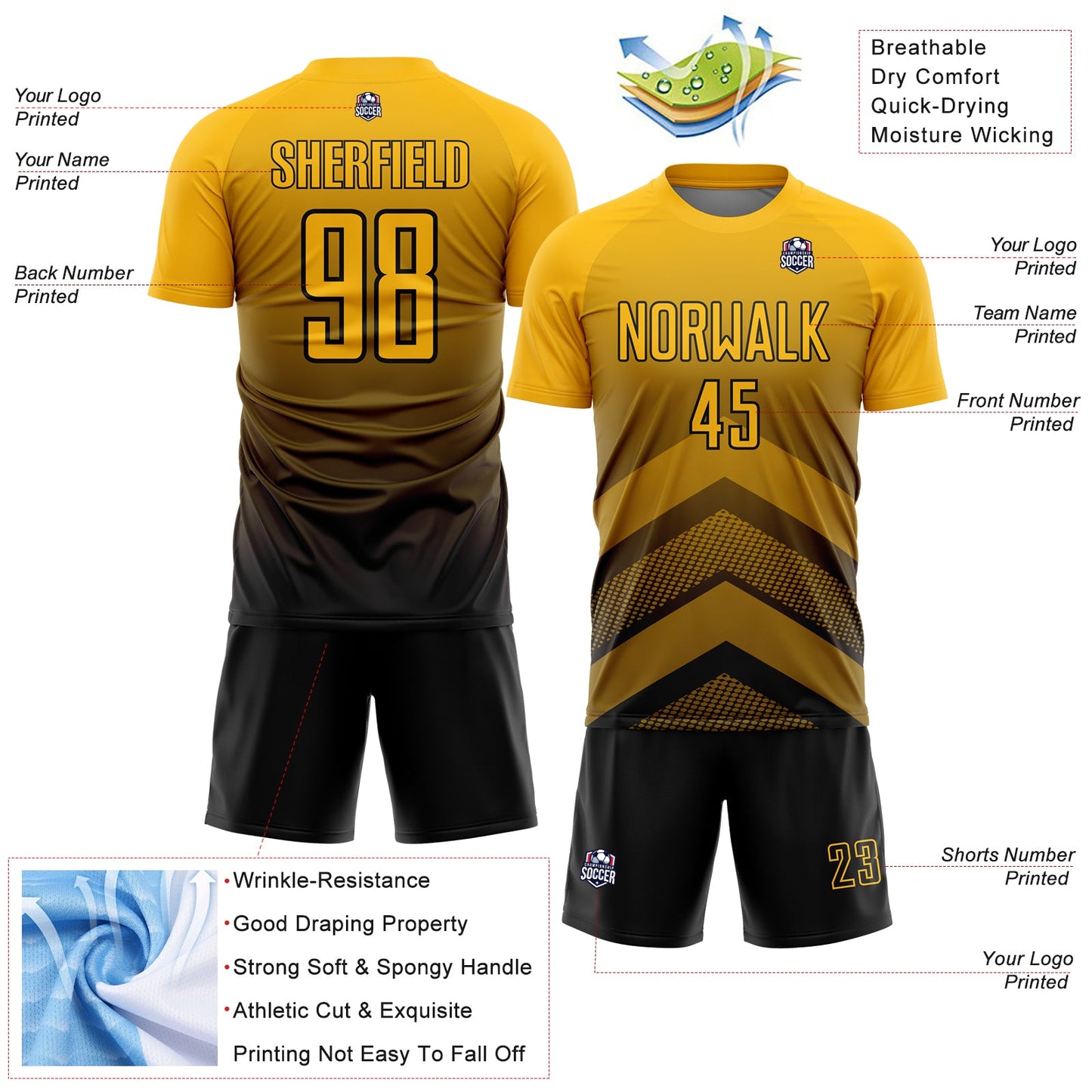 Custom Gold Black Gradient Arrow Geometric Shapes Sublimation Soccer Uniform Jersey - Sky-Custom