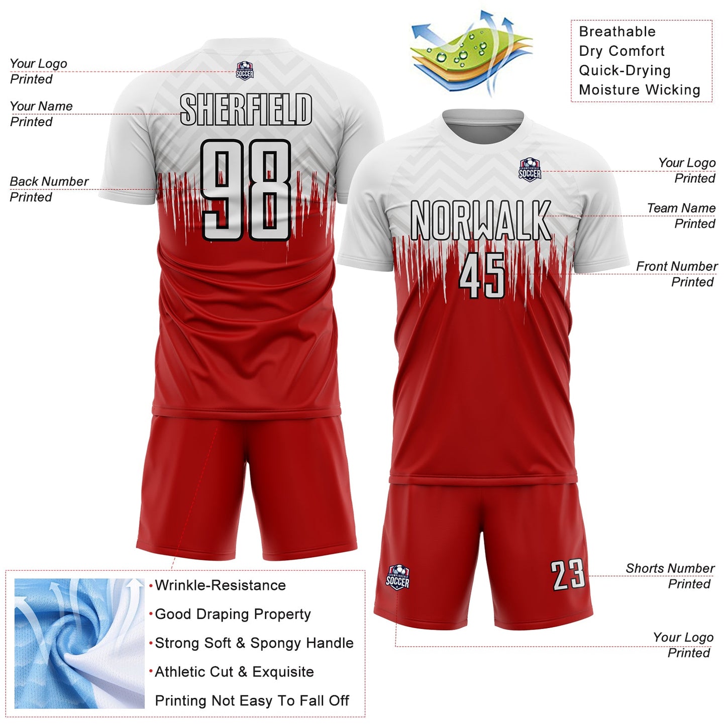 Custom White Red-Black Gradient Dripping Splatter Art Sublimation Soccer Uniform Jersey - Sky-Custom