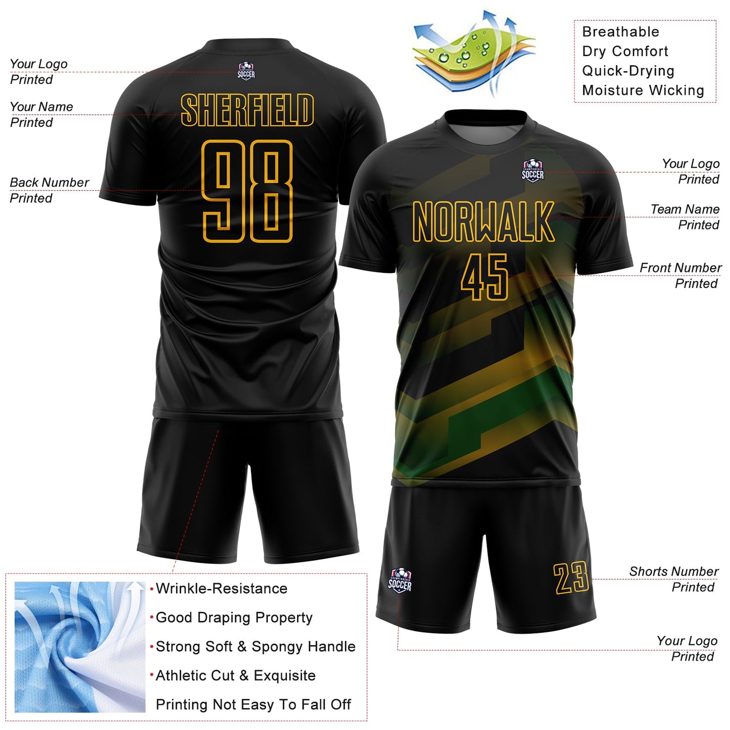 Custom Black Gold Gradient Arrow Geometric Shapes Sublimation Soccer Uniform Jersey - Sky-Custom